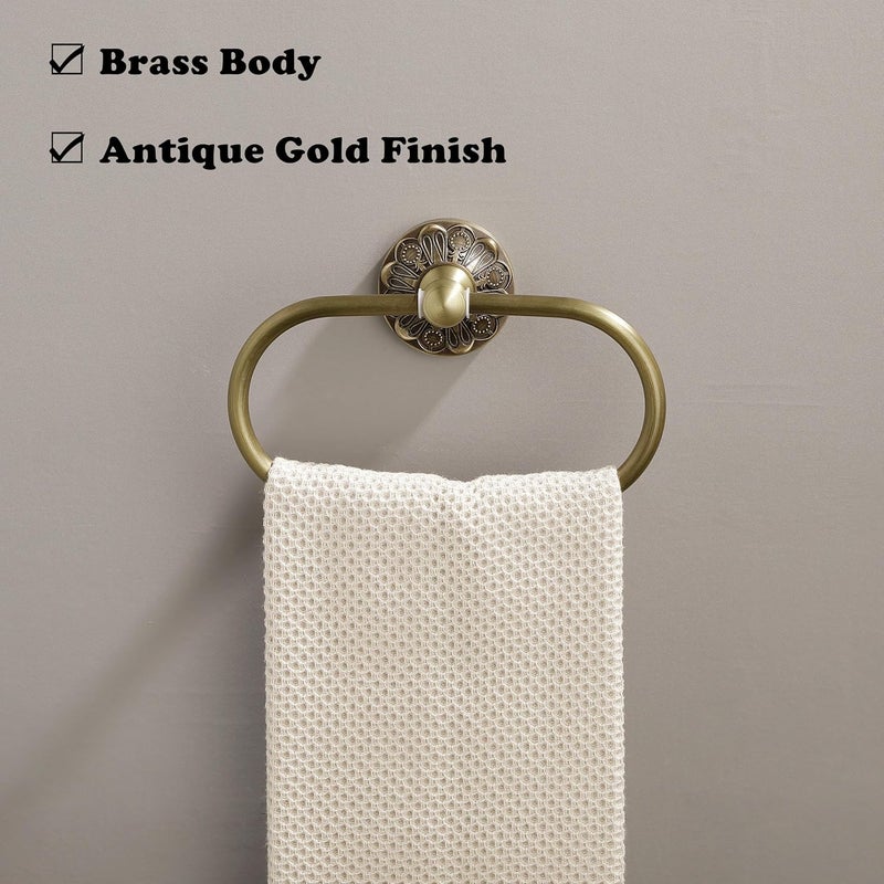 Lucyound Antique Gold Towel Ring, Oval Hand Towel Holder Wall Mount, Vintage Decorative Bathroom Accessories, Brass Petal-Relief Series - Image 2